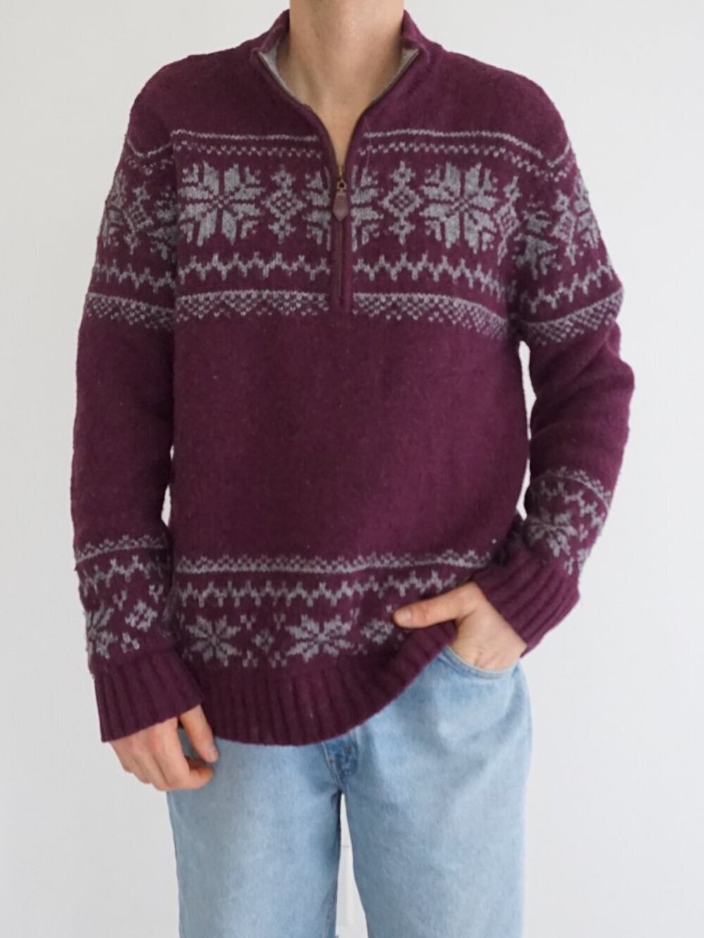 Vintage St Johns Bay Plum Snowflake Nordic Quarter Zip Wool Blend Sweater L